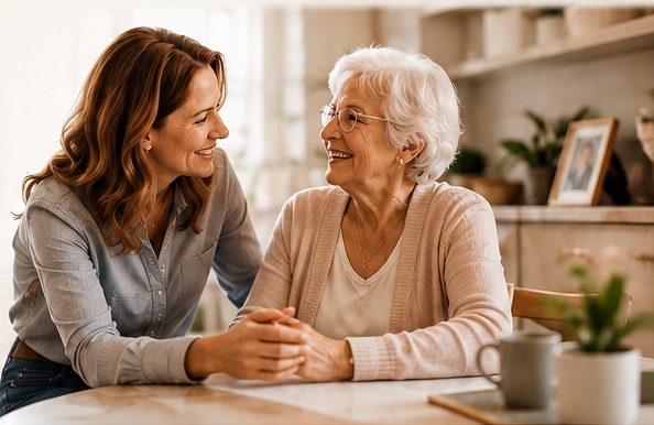 Adult daughter sitting with and talking to an older woman at home