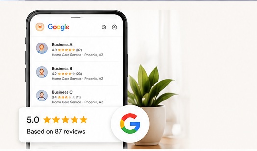 Phone displaying local business listings and customer review ratings